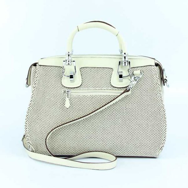 Hermes 9049 Leather With Cloth 32cm Wrist Bags Beige Silver